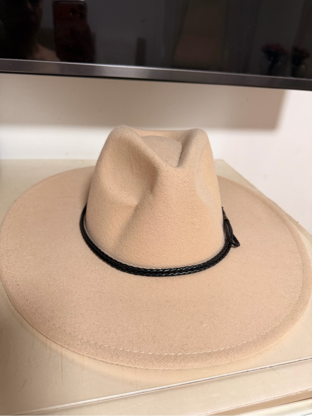 SO Beige Wide Brim Felt Fedora with Black Braid